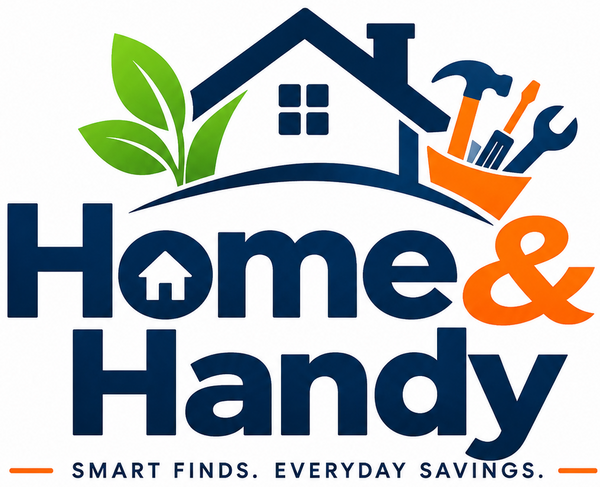 A digital logo for 'Home & Handy' featuring a stylized house icon with green leaves and orange tools, above the text 'Home & Handy' with the tagline 'SMART FINDS. EVERYDAY SAVINGS.