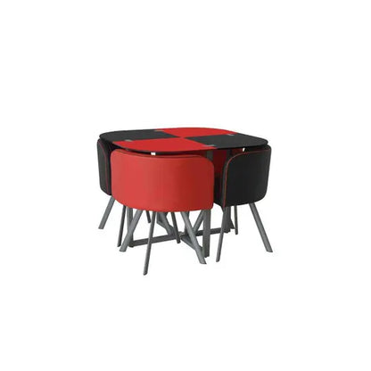 Modern Space Saver Glass Dining Table Set with 4 Red & Black Faux Leather Chairs Dining Room Furniture