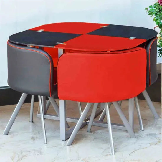 Modern Space Saver Glass Dining Table Set with 4 Red & Black Faux Leather Chairs Dining Room Furniture