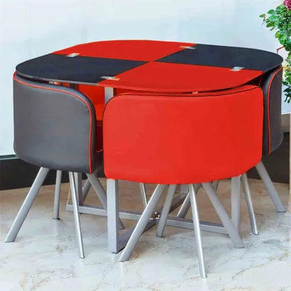 Modern Space Saver Glass Dining Table Set with 4 Red & Black Faux Leather Chairs Dining Room Furniture