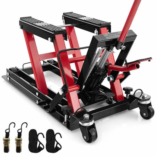 Costway 680KG Motorcycle Lift Jack with 4 Wheels and Footplates-Red