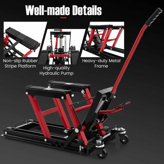 Costway 680KG Motorcycle Lift Jack with 4 Wheels and Footplates-Red