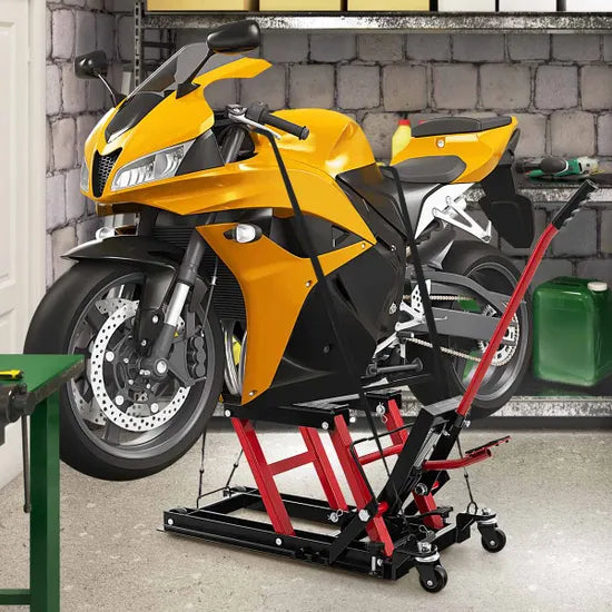 Costway 680KG Motorcycle Lift Jack with 4 Wheels and Footplates-Red