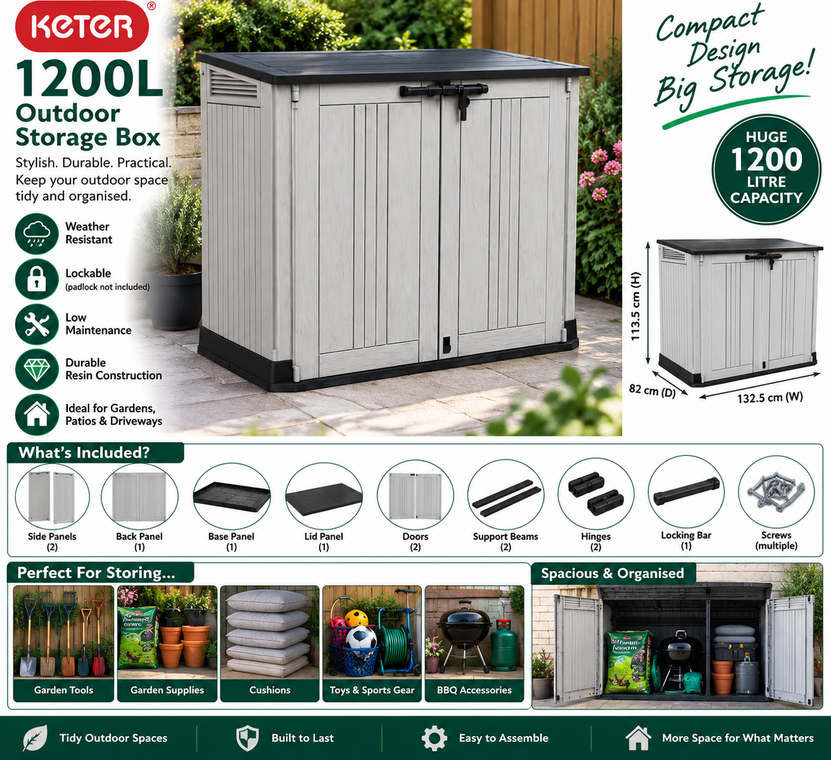 Keter 1200L Extra Large Outdoor Garden Storage Box – Weather Resistant, Lockable Patio & Garden Storage Chest