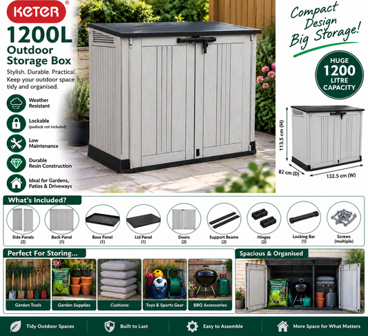 Keter 1200L Extra Large Outdoor Garden Storage Box – Weather Resistant, Lockable Patio & Garden Storage Chest